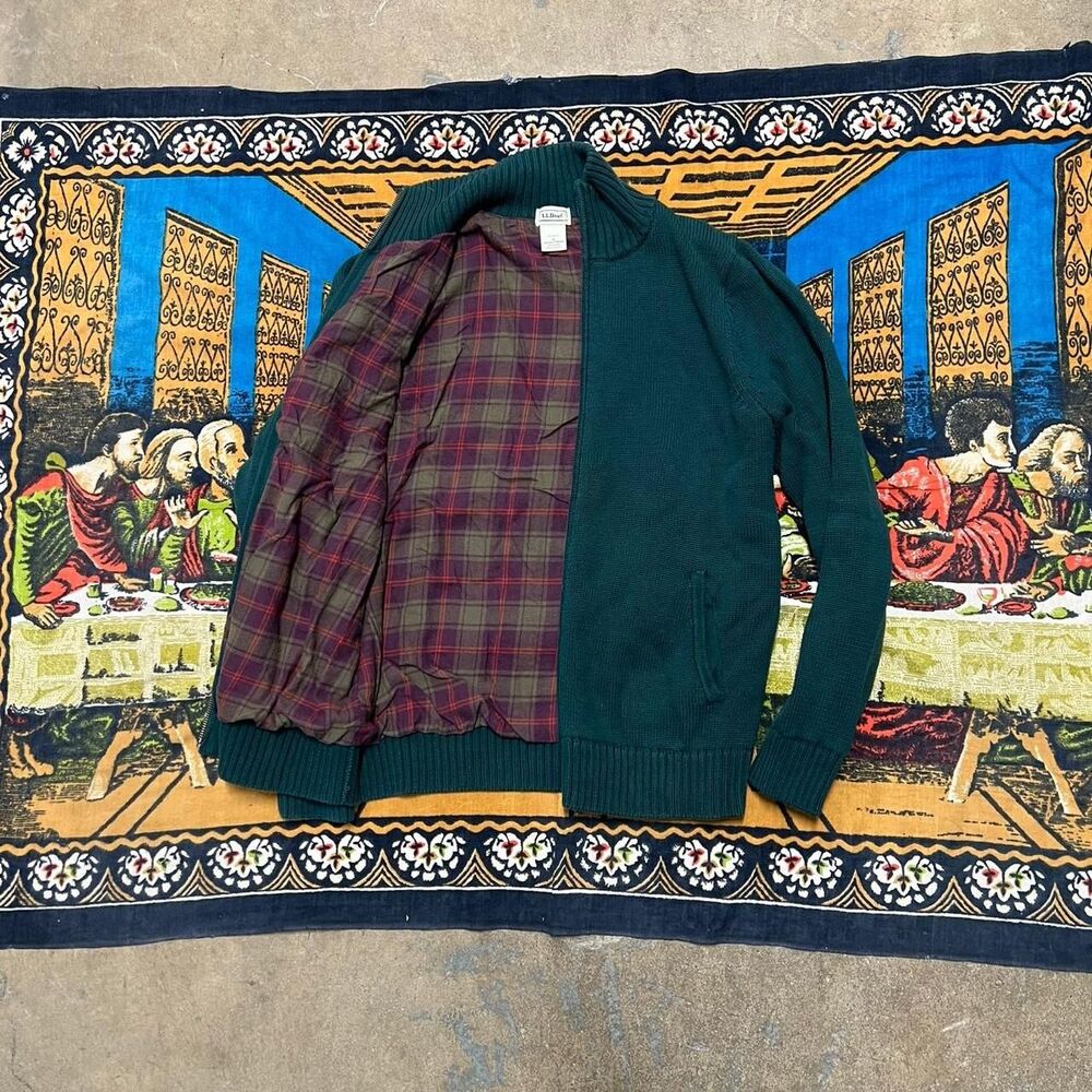 L.L.Bean green zip up sweater Red plaid inner lining ID 278929 Knit Cardigan y2k